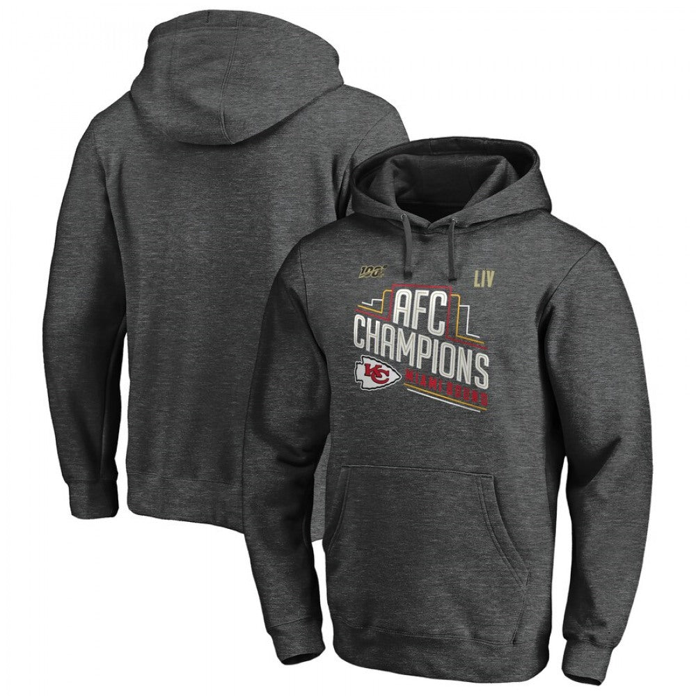 Men's Kansas City Chiefs Heather Charcoal 2019 AFC Champions Trophy Collection Locker Room Pullover Hoodie 
