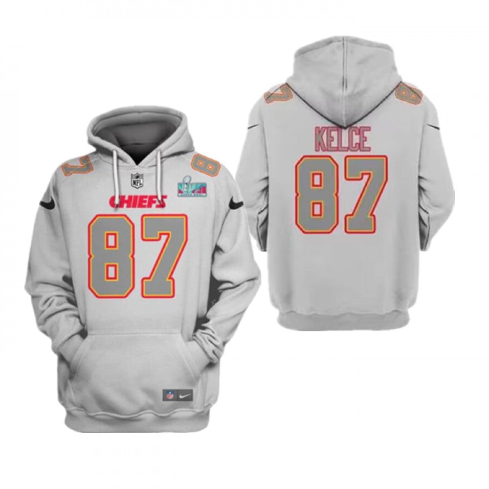 Men's Kansas City Chiefs #87 Travis Kelce Gray Super Bowl LVII Pullover Hoodie 