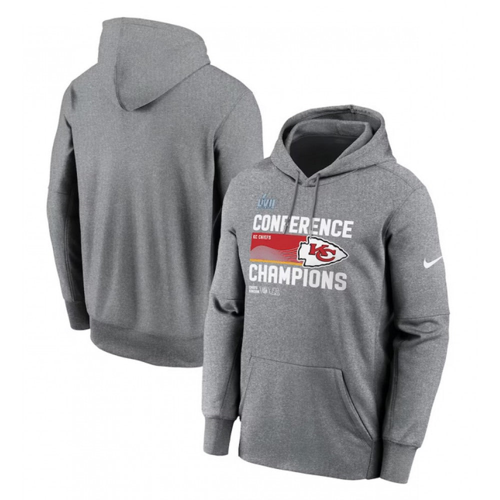 Men's Kansas City Chiefs Heather Gray 2022 AFC Champions Locker Room Trophy Collection Pullover Hoodie 