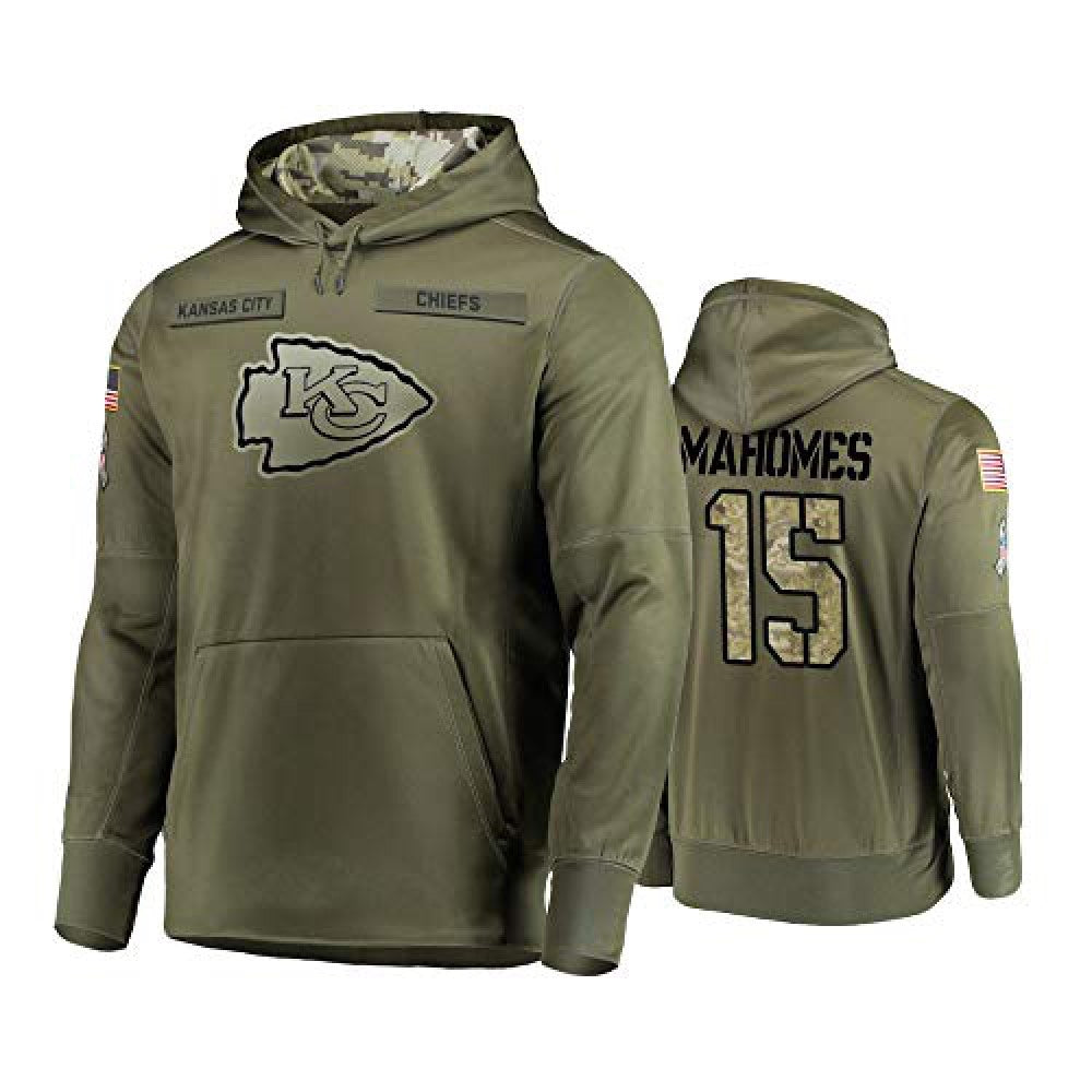 Men's Kansas City Chiefs #15 Patrick Mahomes 2019 Olive Salute To Service Sideline Therma Performance Pullover Hoodie 