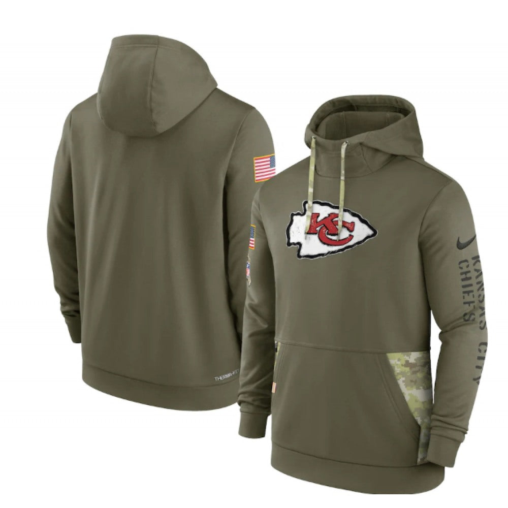 Men's Kansas City Chiefs 2022 Olive Salute to Service Therma Performance Pullover Hoodie 