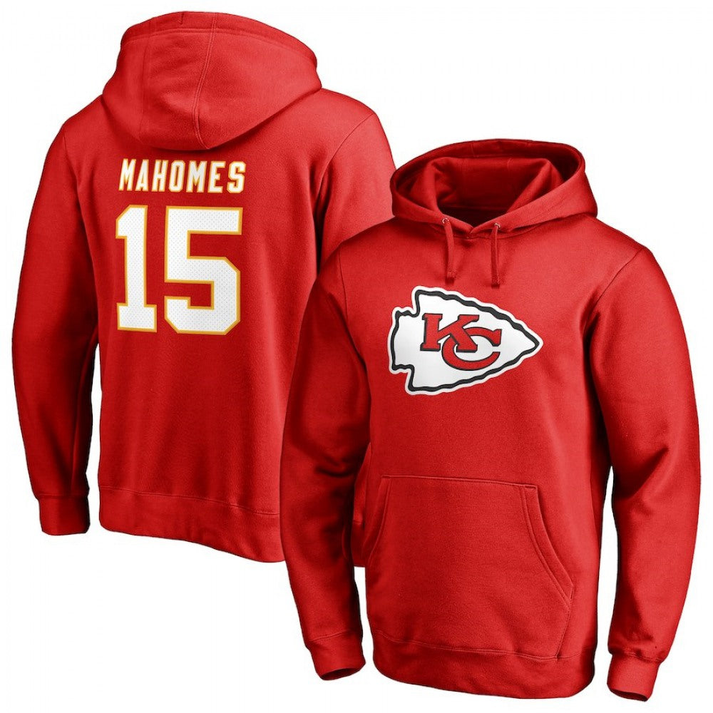 Men's Kansas City Chiefs #15 Patrick Mahomes Red Team Logo Player Icon Name & Number Pullover NFL Stitched Hoodie 