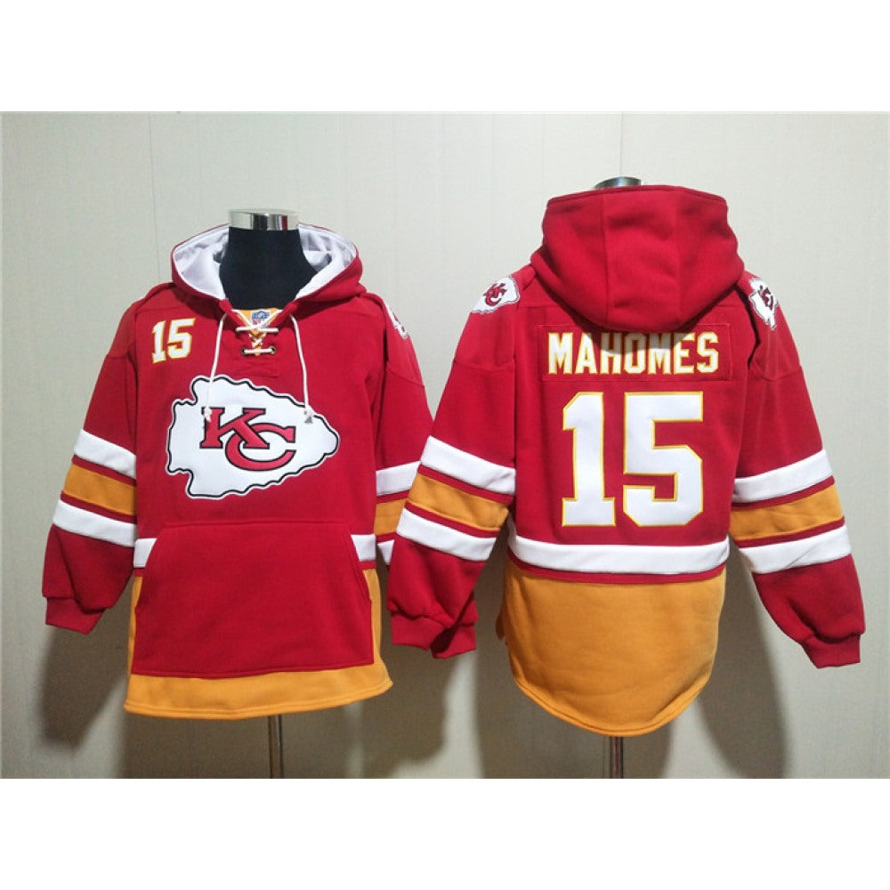 Men's Kansas City Chiefs #15 Patrick Mahomes Red Lace-Up Pullover Hoodie 