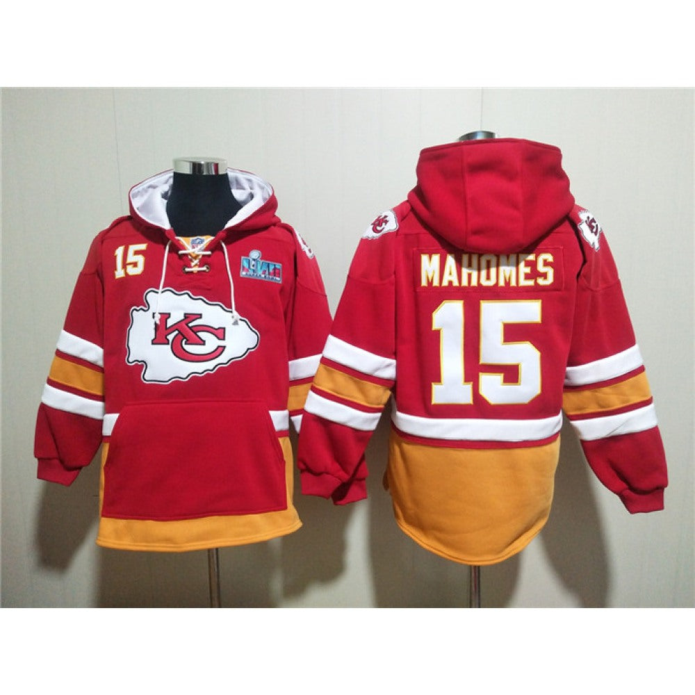 Men's Kansas City Chiefs #15 Patrick Mahomes Red Super Bowl Lace-Up Pullover Hoodie 