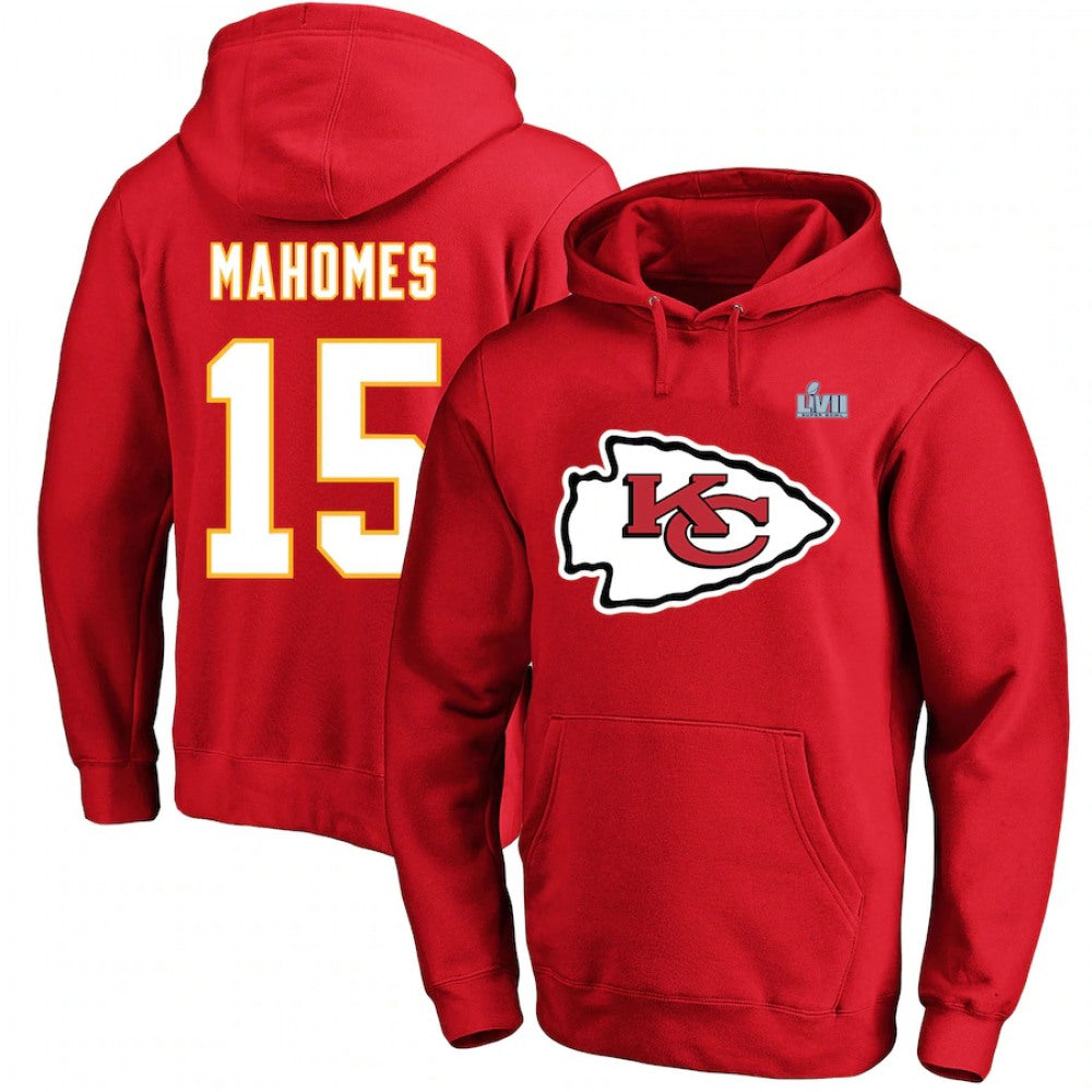 Men's Kansas City Chiefs #15 Patrick Mahomes Red Super Bowl LVII Big & Tall Name & Number Pullover Hoodie 