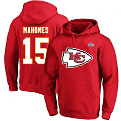Men's Kansas City Chiefs #15 Patrick Mahomes Red Super Bowl LVII Big & Tall Name & Number Pullover Hoodie 