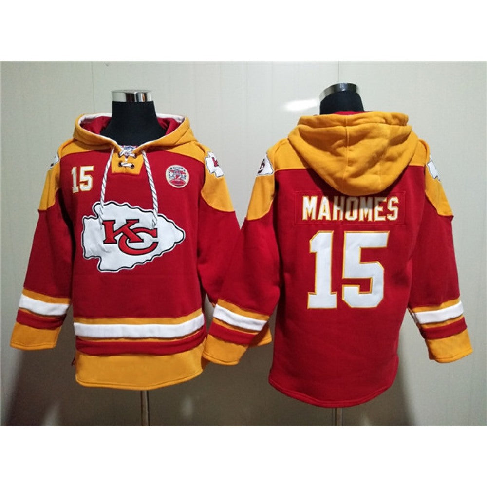 Men's Kansas City Chiefs #15 Patrick Mahomes Red Lace-Up Pullover Hoodie 