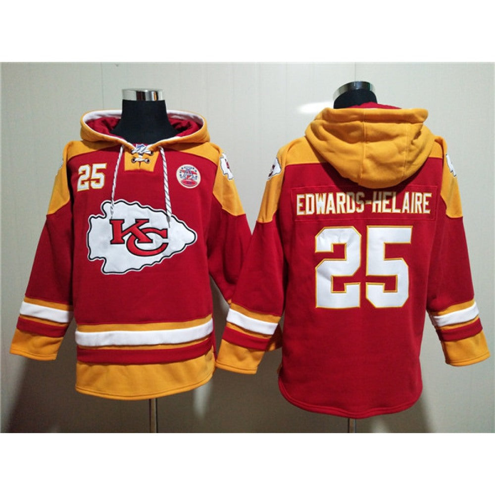 Men's Kansas City Chiefs #25 Clyde Edwards-Helaire Red Lace-Up Pullover Hoodie 