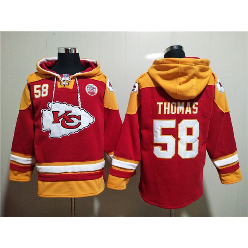 Men's Kansas City Chiefs #58 Derrick Thomas Red Lace-Up Pullover Hoodie 
