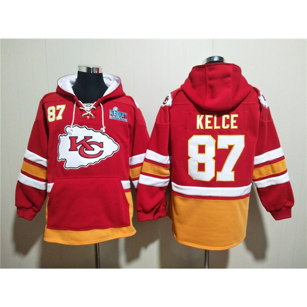Men's Kansas City Chiefs #87 Travis Kelce Red Super Bowl Lace-Up Pullover Hoodie 