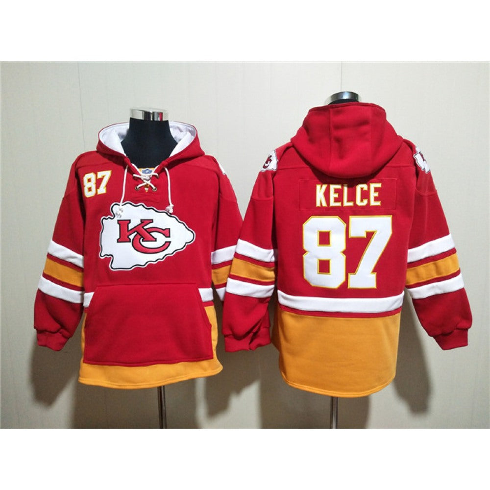Men's Kansas City Chiefs #87 Travis Kelce Red Lace-Up Pullover Hoodie 