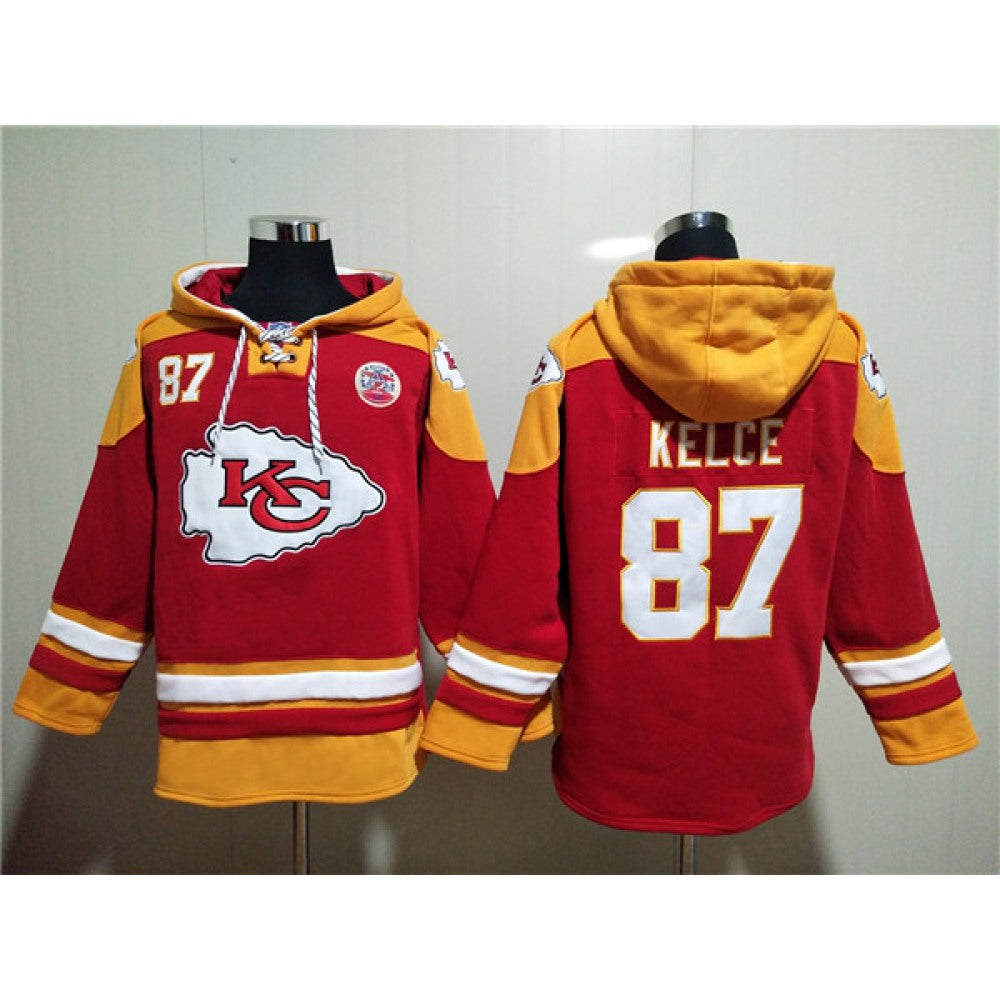 Men's Kansas City Chiefs #87 Travis Kelce Red Lace-Up Pullover Hoodie 