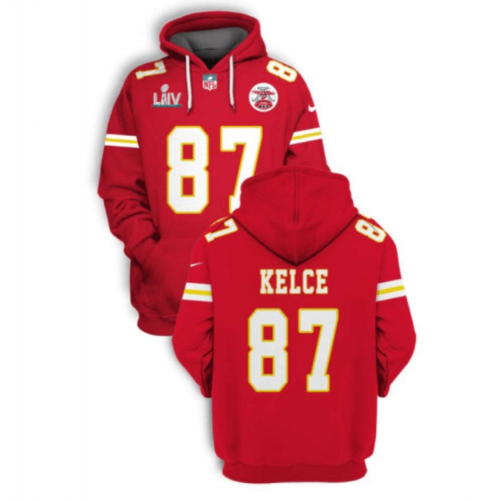 Men's Kansas City Chiefs #87 Travis Kelce Red 2021 Super Bowl LIV Pullover Hoodie 