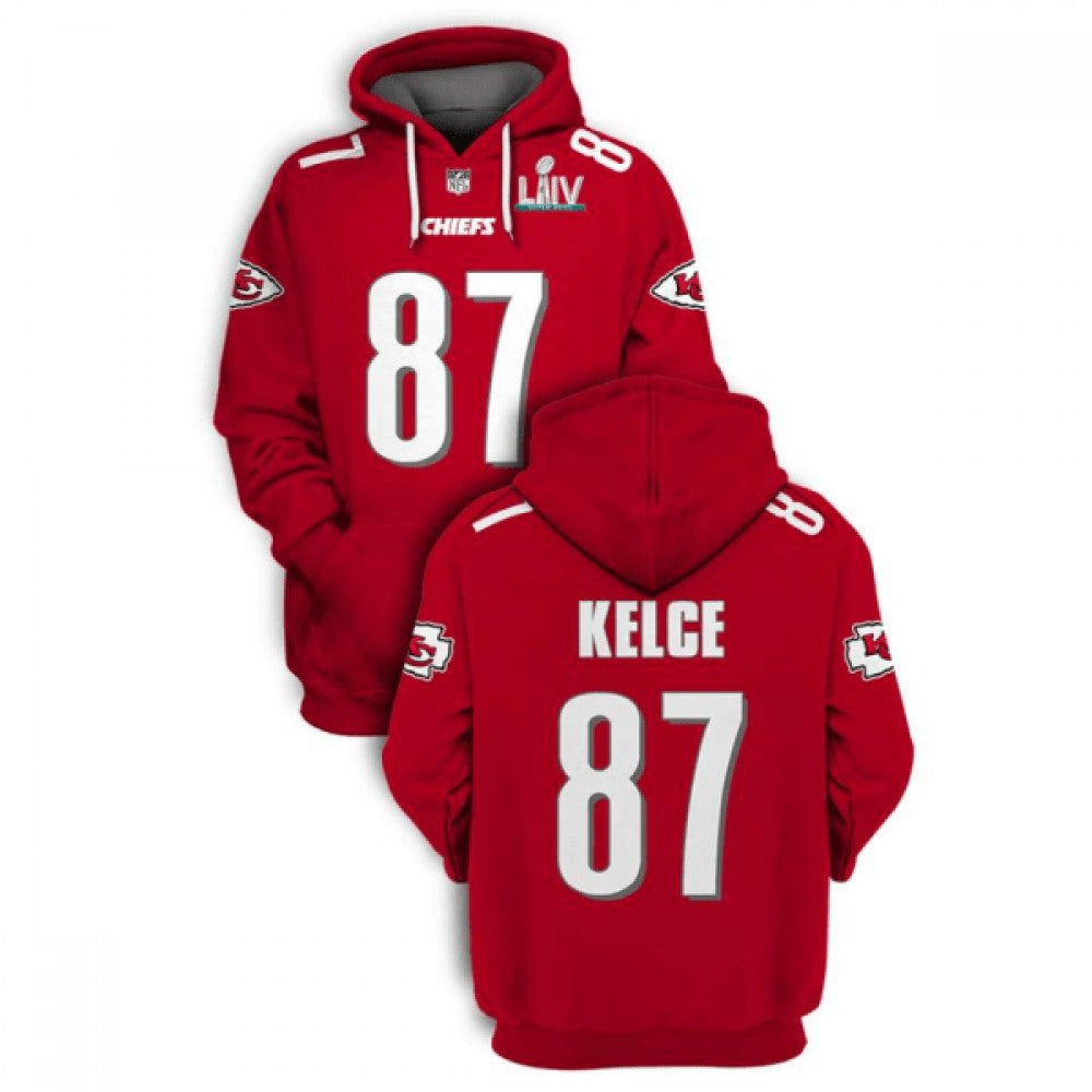 Men's Kansas City Chiefs #87 Travis Kelce Red 2021 Super Bowl LIV Pullover Hoodie 