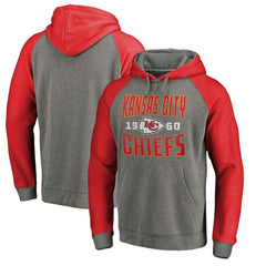Men's Kansas City Chiefs Red/Grey 2020 Timeless Collection Antique Stack Tri-Blend Raglan Pullover Hoodie 