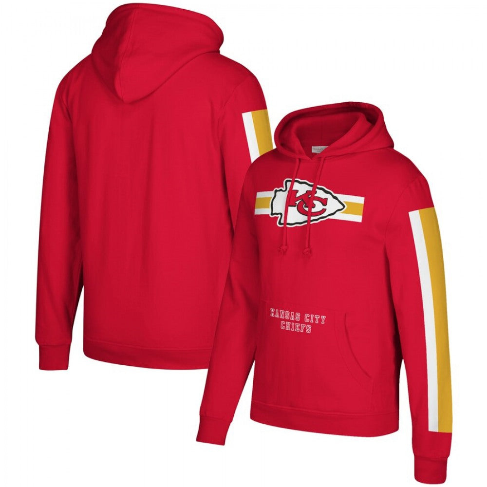 Men's Kansas City Chiefs 2019 Red Mitchell & Ness Three Stripe Pullover Hoodie 