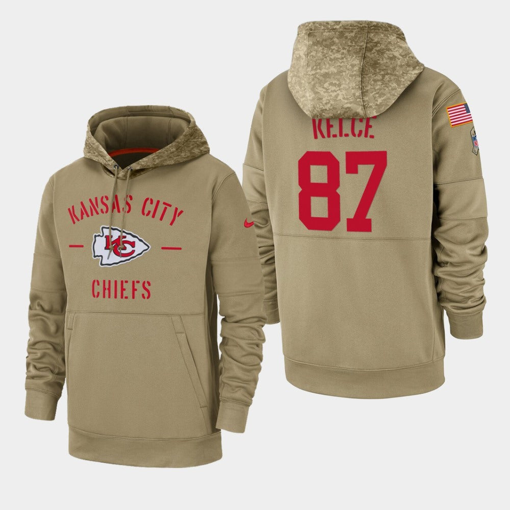 Men's Kansas City Chiefs #87 Travis Kelce Tan 2019 Salute to Service Sideline Therma Pullover Hoodie 