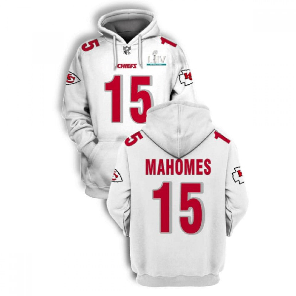 Men's Kansas City Chiefs #15 Patrick Mahomes White 2021 Super Bowl LIV Pullover Hoodie 
