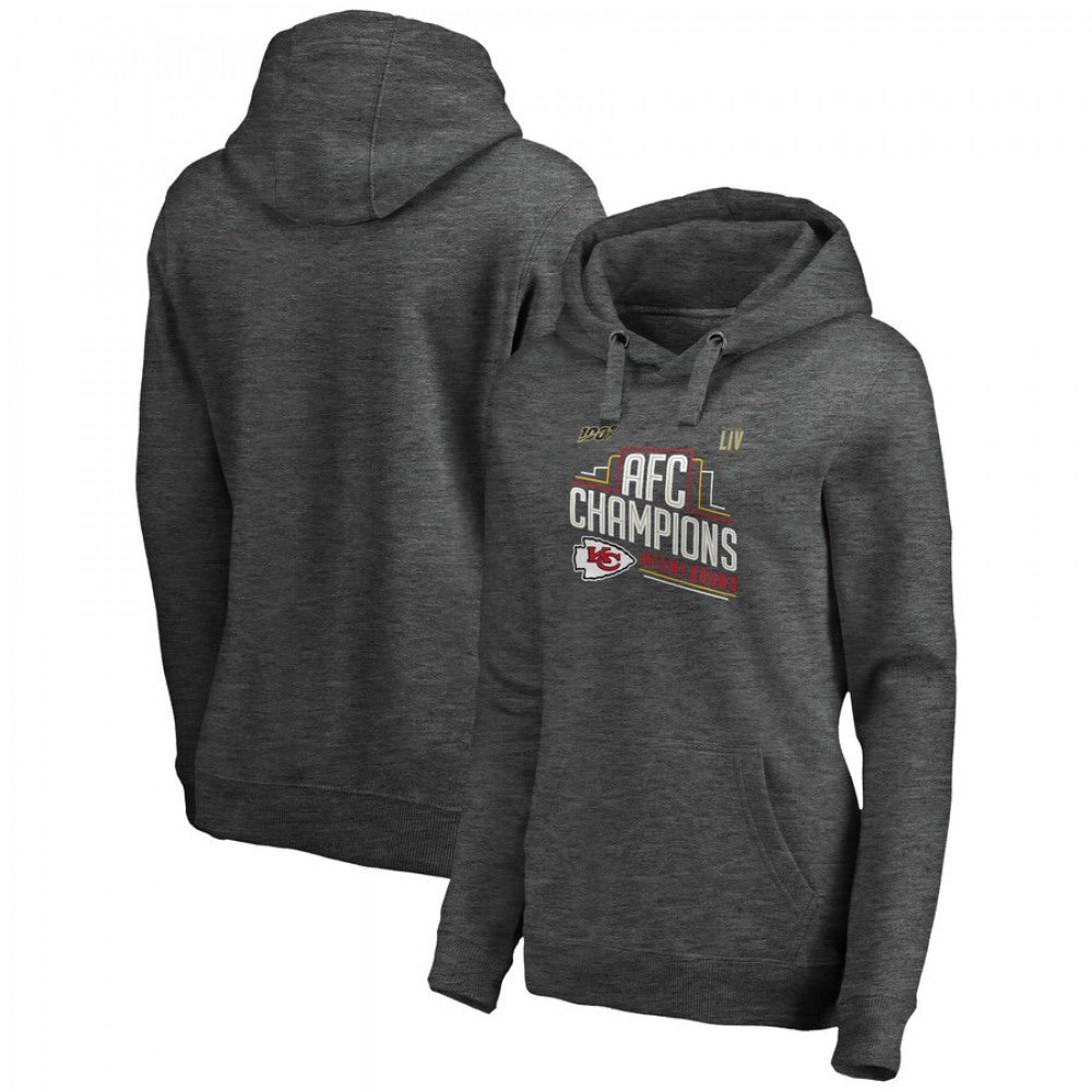 Women's Kansas City Chiefs Heather Charcoal 2019 AFC Champions Trophy Collection Locker Room Crossover V-Neck Pullover Hoodie(Run Small) 