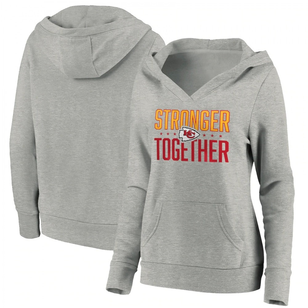 Women's Kansas City Chiefs Heather Gray Stronger Together Crossover Neck Pullover Hoodie(Run Small) 