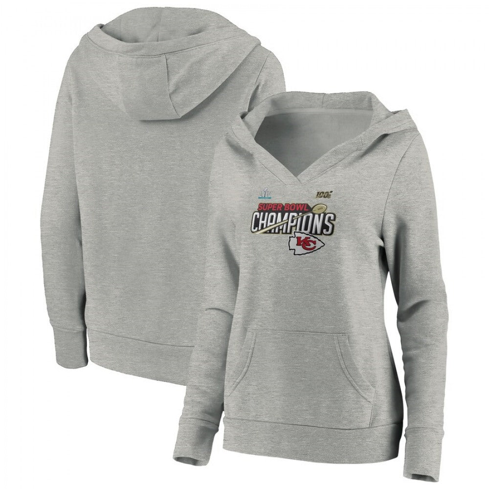 Women's Kansas City Chiefs Heathered Gray Super Bowl LIV Champions Trophy Collection Locker Room Pullover Hoodie(Run Small) 
