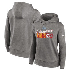 Women's Kansas City Chiefs Gray Super Bowl LVII Champions Iconic Fleece Pullover Hoodie(Run Small) 