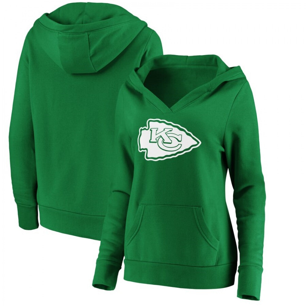 Women's Kansas City Chiefs Green St. Patrick's Day White Logo Pullover Hoodie(Run Small) 