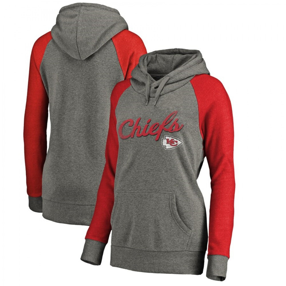 Women's Kansas City Chiefs Grey Timeless Collection Rising Script Tri-Blend Raglan Pullover Hoodie(Run Small) 