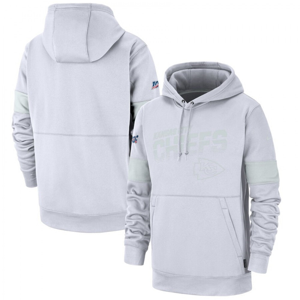Men's Kansas City Chiefs White 2019 100th Season Sideline Platinum Therma Pullover Hoodie 