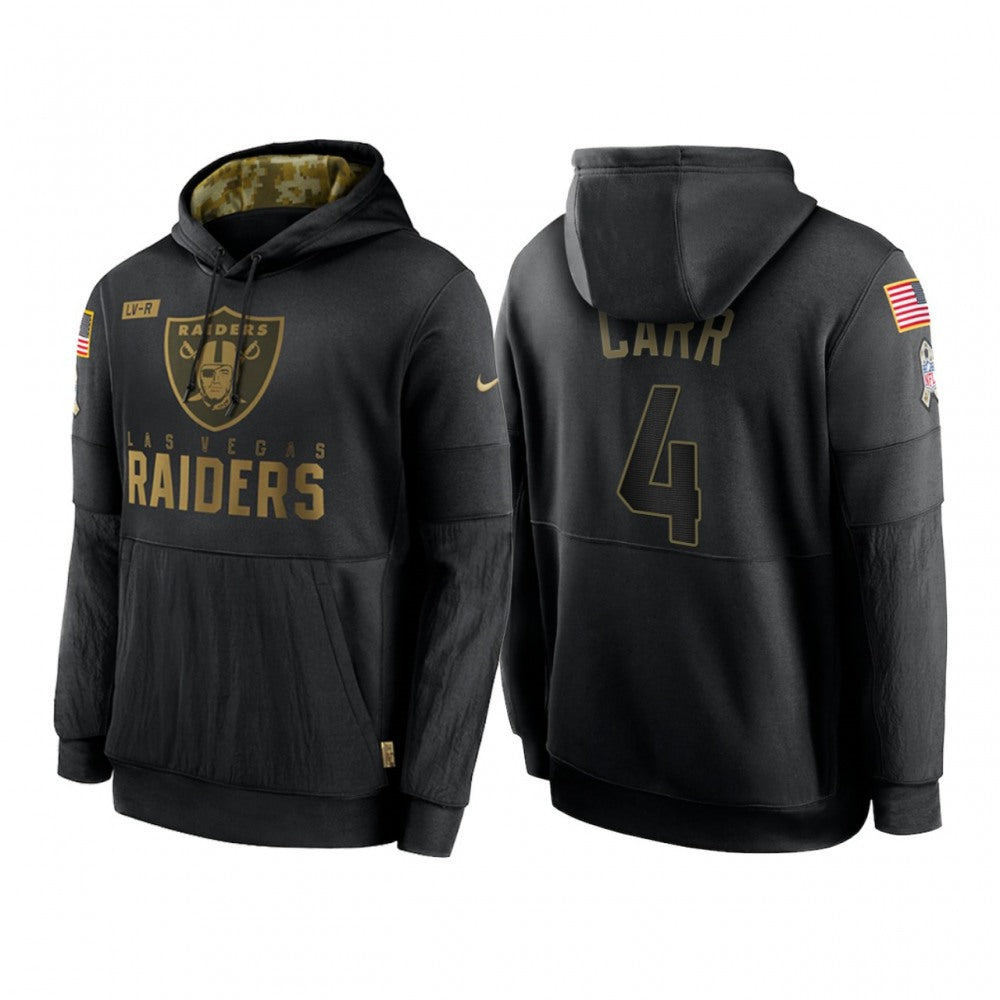 Men's Las Vegas Raiders #4 Derek Carr 2020 Black Salute to Service Sideline Performance Pullover Hoodie 