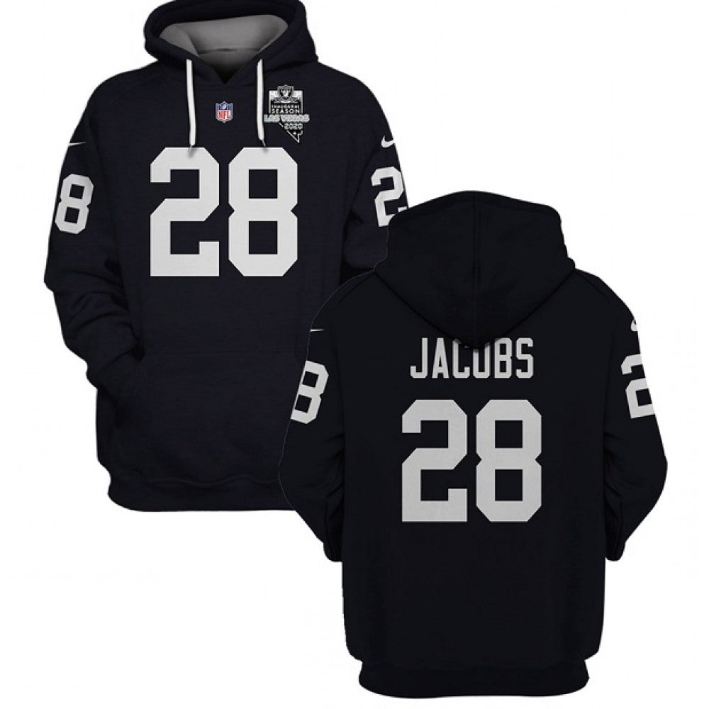 Men's Las Vegas Raiders #28 Josh Jacobs 2021 Inaugural Patch Black Pullover Hoodie 