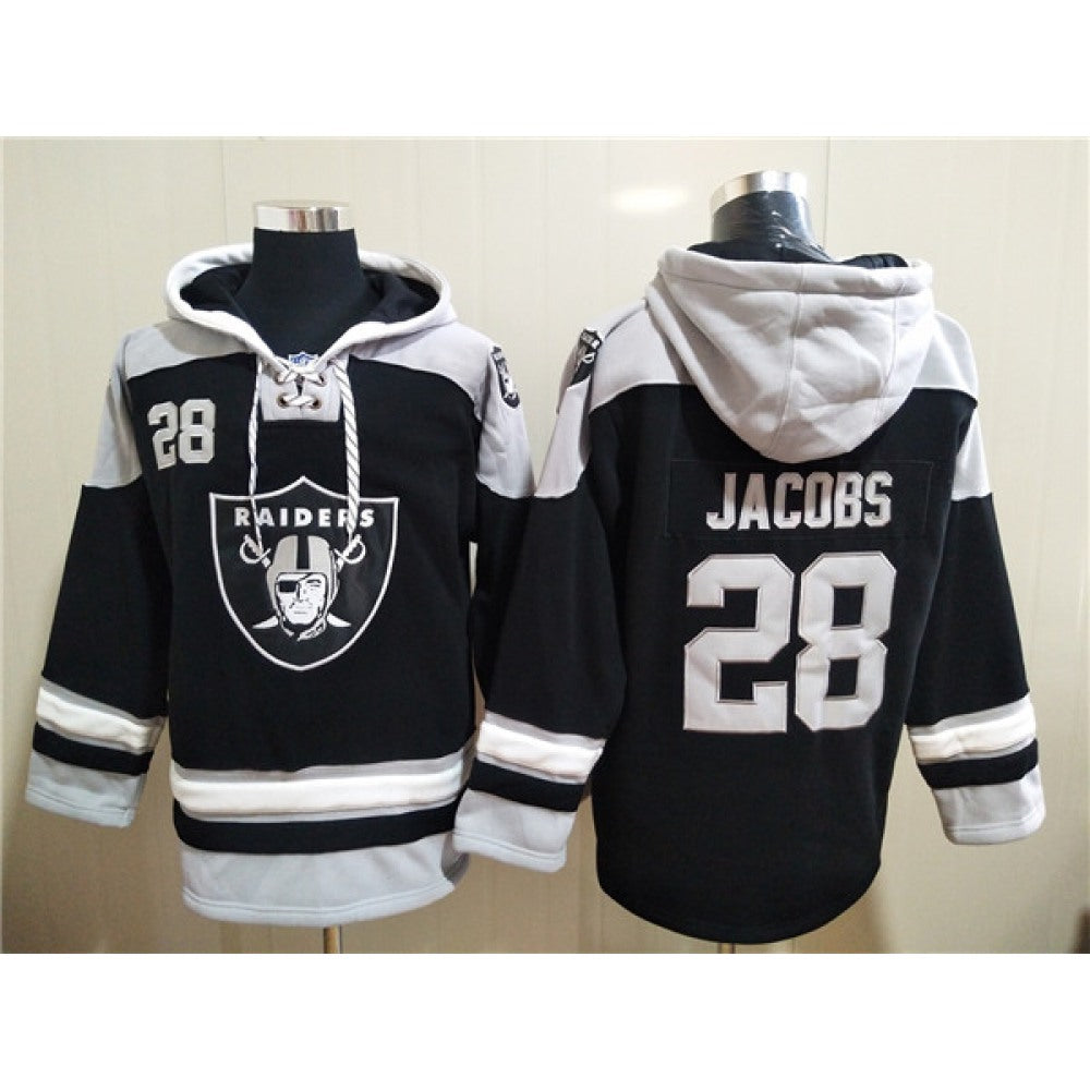 Men's Las Vegas Raiders #28 Josh Jacobs Black Ageless Must-Have Lace-Up Pullover Hoodie 