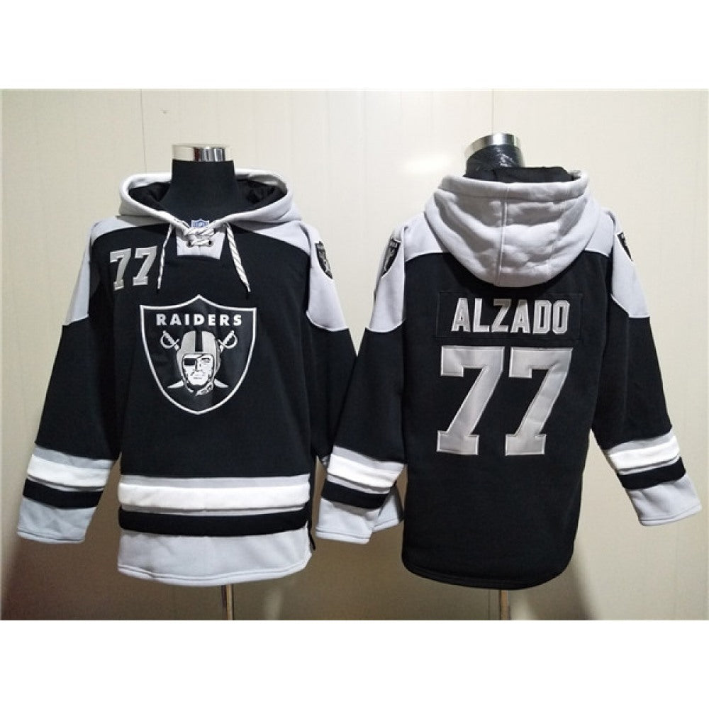Men's Las Vegas Raiders #77 Lyle Alzado Black Ageless Must-Have Lace-Up Pullover Hoodie 