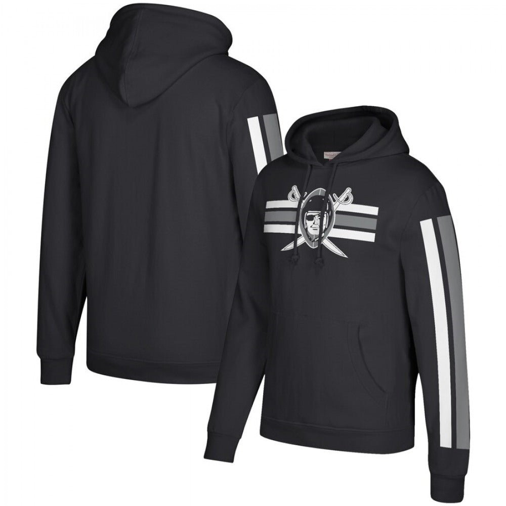 Men's Oakland Raiders 2019 Black Mitchell & Ness Three Stripe Pullover Hoodie 