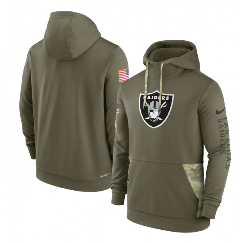 Men's Las Vegas Raiders 2022 Olive Salute to Service Therma Performance Pullover Hoodie 