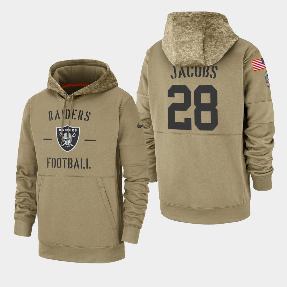 Men's Oakland Raiders #28 Josh Jacobs Tan 2019 Salute to Service Sideline Therma Pullover Hoodie 