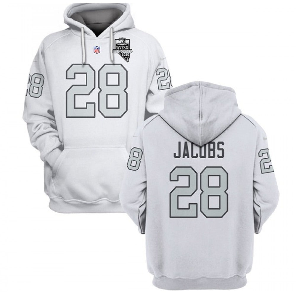 Men's Las Vegas Raiders #28 Josh Jacobs 2021 Inaugural Patch White Pullover Hoodie 