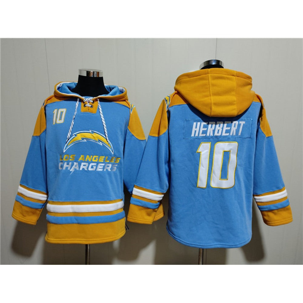 Men's Los Angeles Chargers #10 Justin Herbert Blue Ageless Must-Have Lace-Up Pullover Hoodie 