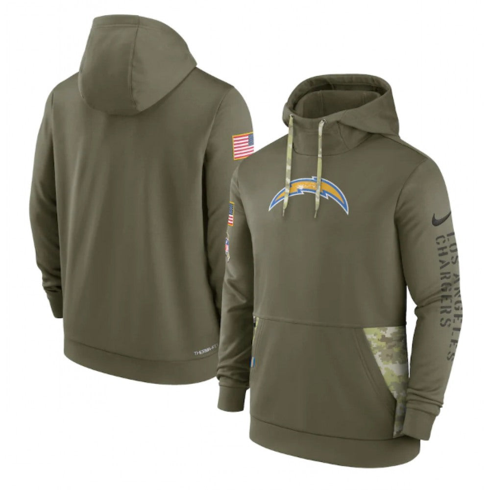 Men's Los Angeles Chargers 2022 Olive Salute to Service Therma Performance Pullover Hoodie 