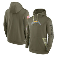 Men's Los Angeles Chargers 2022 Olive Salute to Service Therma Performance Pullover Hoodie 