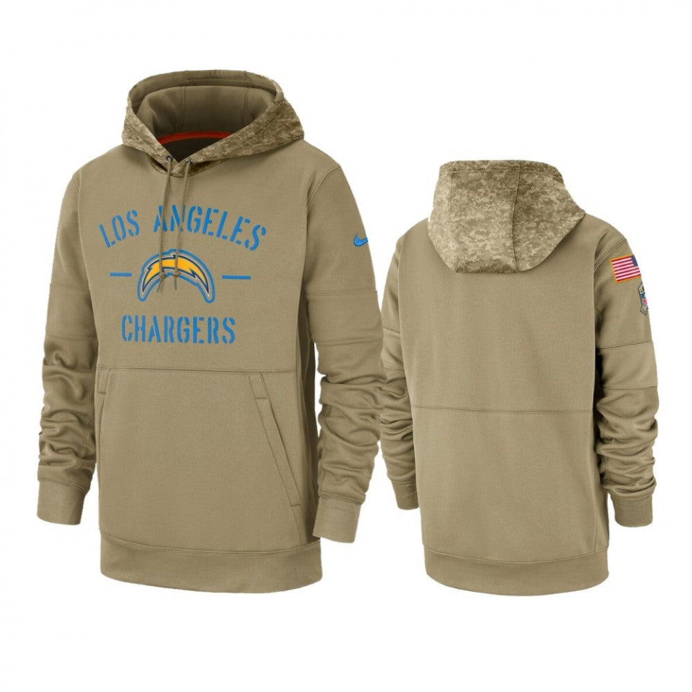Men's Los Angeles Chargers Tan 2019 Salute to Service Sideline Therma Pullover Hoodie 