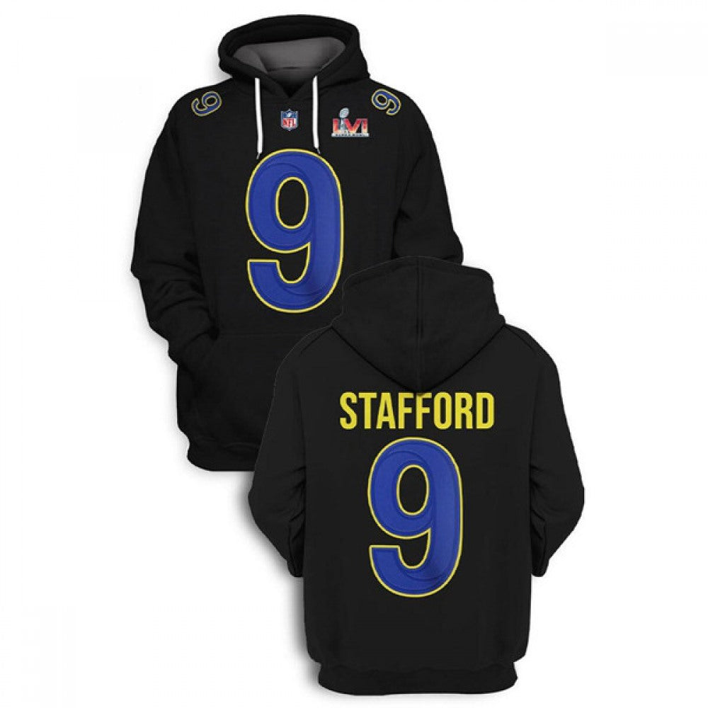 Men's Los Angeles Rams #9 Matthew Stafford 2021 Black Super Bowl LVI Pullover Hoodie 
