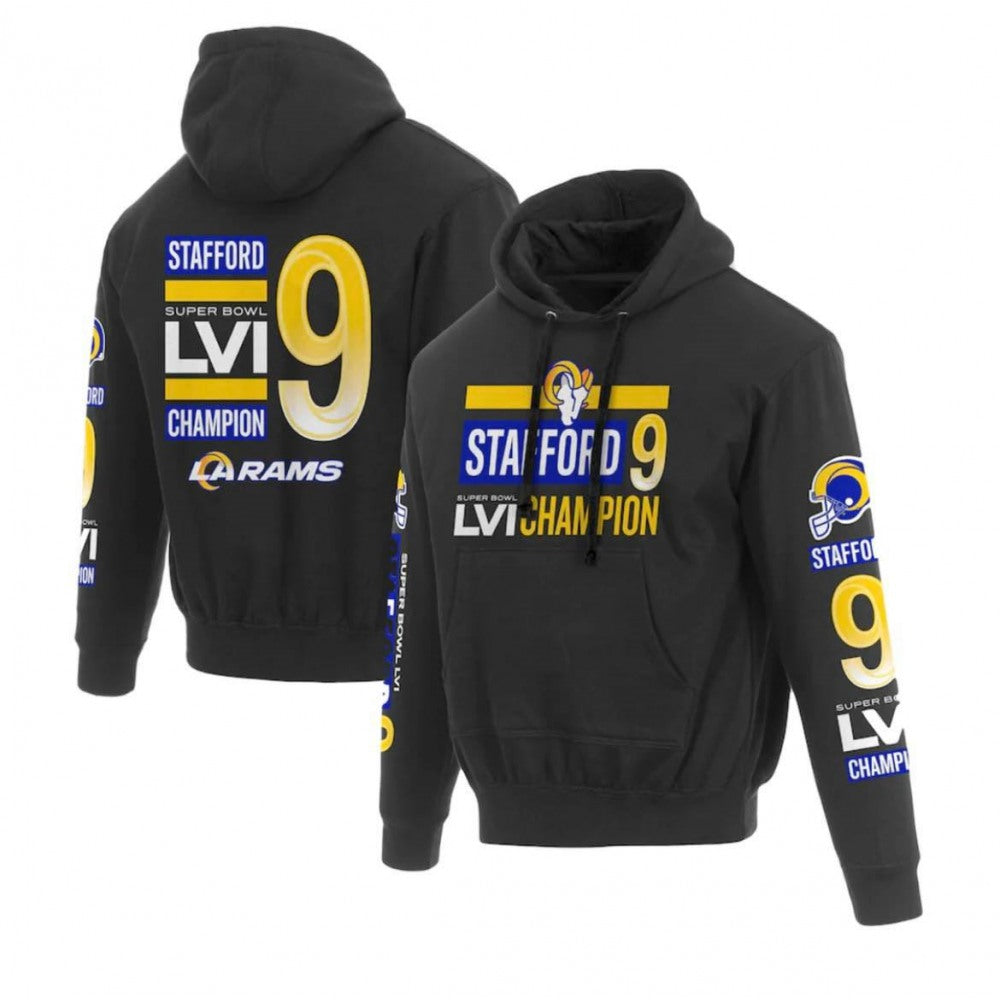 Men's Los Angeles Rams #9 Matthew Stafford 2022 Black Super Bowl LVI Champions Pullover Hoodie 