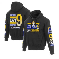 Men's Los Angeles Rams #9 Matthew Stafford 2022 Black Super Bowl LVI Champions Pullover Hoodie 