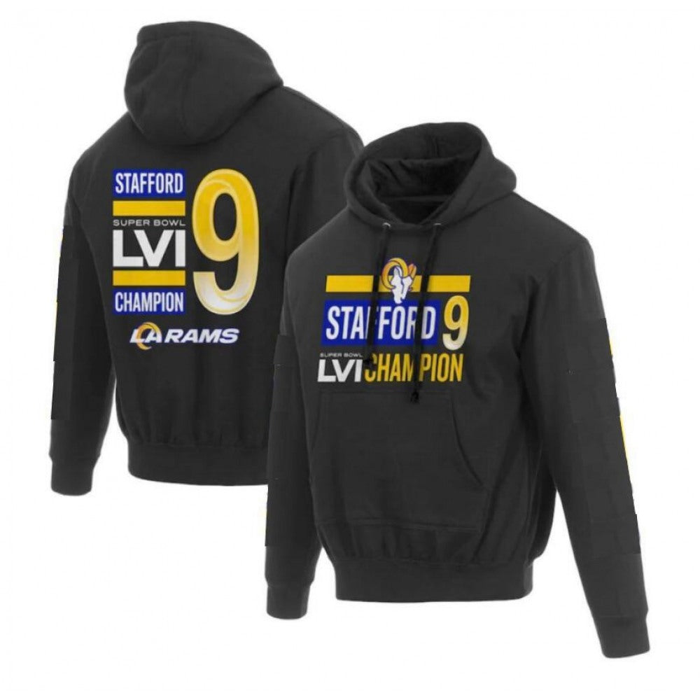 Men's Los Angeles Rams #9 Matthew Stafford 2022 Black Super Bowl LVI Champions Pullover Hoodie 