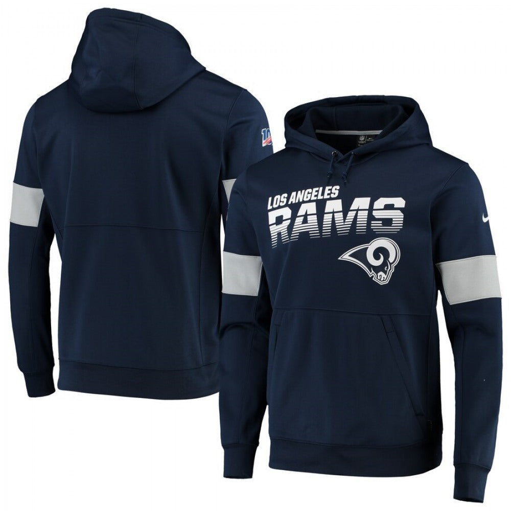 Men's Los Angeles Rams 2019 Navy 100th Season Sideline Team Logo Performance Pullover Hoodie 