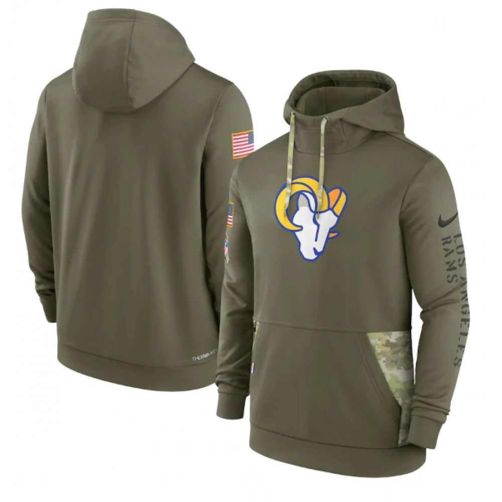 Men's Los Angeles Rams 2022 Olive Salute to Service Therma Performance Pullover Hoodie 