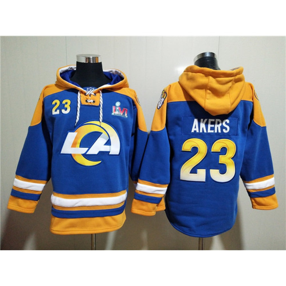 Men's Los Angeles Rams #23 Cam Akers 2022 Royal Super Bowl LVI Champions Pullover Hoodie 