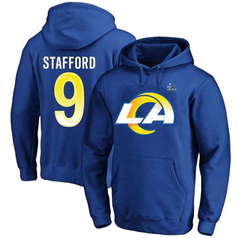 Men's Los Angeles Rams #9 Matthew Stafford 2022 Royal Super Bowl LVI Champions Pullover Hoodie 