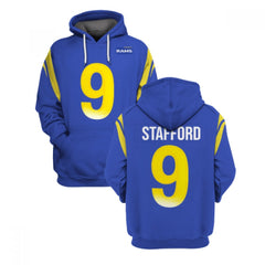 Men's Los Angeles Rams #9 Matthew Stafford 2021 Royal Pullover Hoodie 